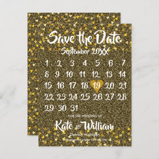 カレンダー日付の保存金ゴールド愛ハートグリッター 案内ポストカード (正面/裏面)