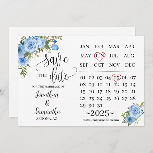 カレンダー日付を保存ピンクのフローラ結婚式の日 招待状 (正面/裏面)