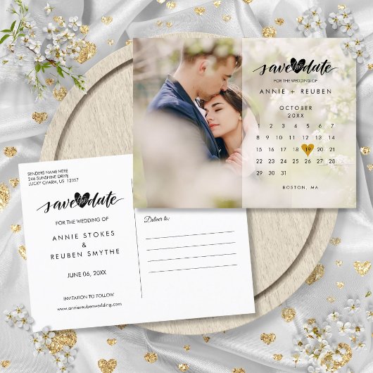 カレンダー金ゴールドハート写真の保存日付 案内ポストカード