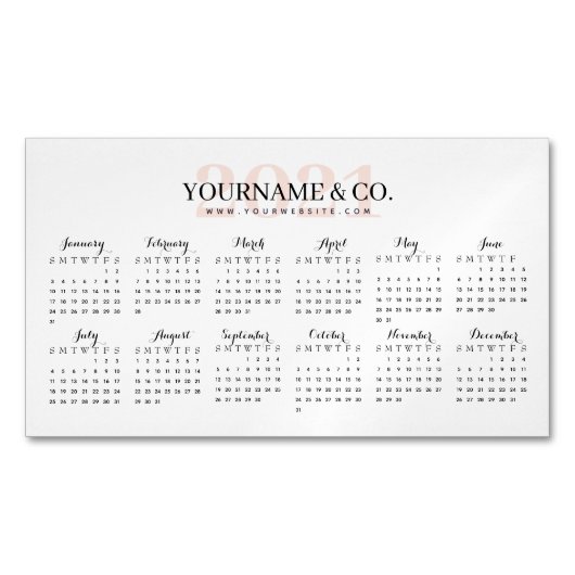 カレンダー2021ビジネス名赤面ピンクホワイト マグネット名刺 (正面)