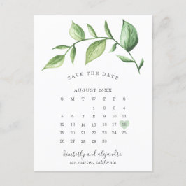 カレンダー+グリーンモチーフのRustic(田舎風)な結婚式のSave the Date 案内ポストカード