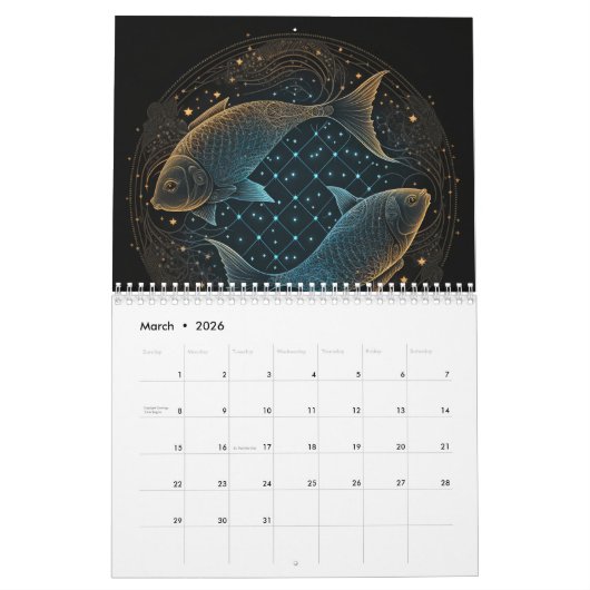 カレンダー〔占星術の〕十二宮図の署名金ゴールドと黒 カレンダー (3月 2026)
