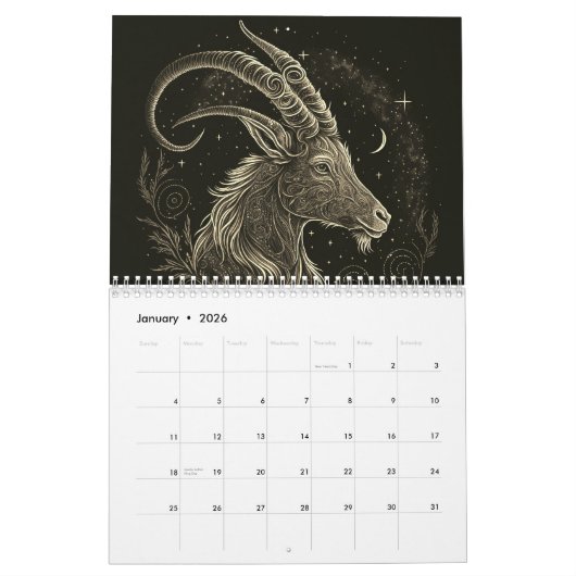 カレンダー〔占星術の〕十二宮図の署名金ゴールドと黒 カレンダー (1月 2026)
