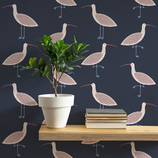 カレーバード沿岸パターン 壁紙 (Curlew coastal bird pattern dark charcoal gray art peel and stick wallpaper)