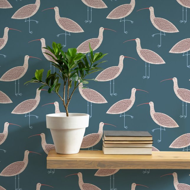 カレーバード沿岸パターン 壁紙 (Curlew coastal bird teal green art peel and stick wallpaper)