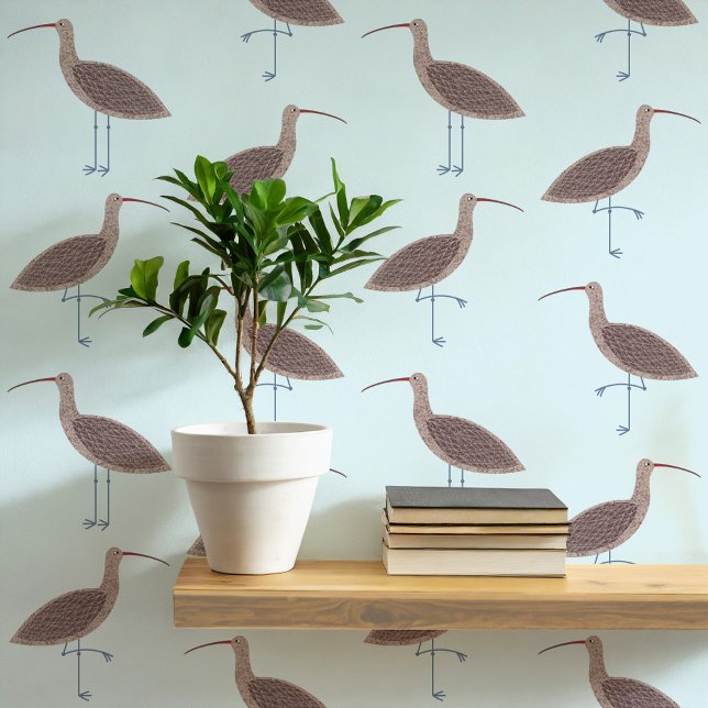 カレーバード沿岸パターン 壁紙 (Curlew coastal bird pale blue art peel and stick wallpaper)