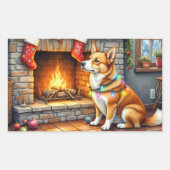 カロライナ・ドッグのクリスマス・ライト付き暖炉 長方形シール (正面)