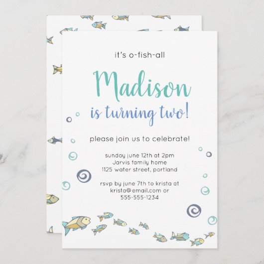 カワイアンザシーフィッシュチルド誕生日招待状 招待状 (正面/裏面)
