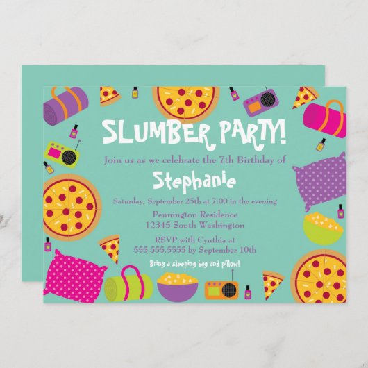 カワイイおもしろいガールの誕生日スランバーパーティの招待状 招待状 (正面/裏面)