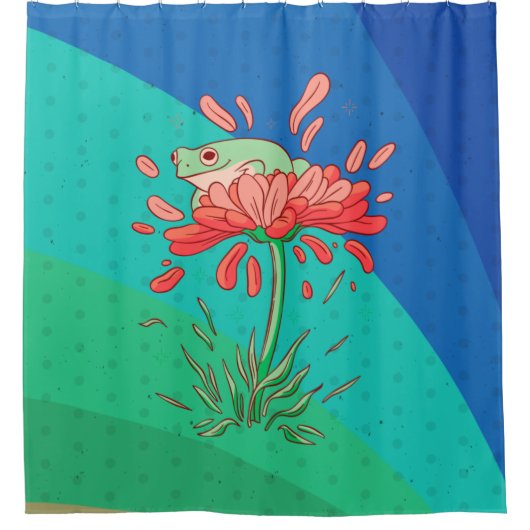 カワイイカエルと花の花びら シャワーカーテン (正面)