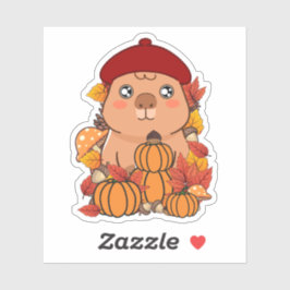 カワイイカピバラの秋の紅いベレー帽姿のかぼちゃ囲みイラスト シール