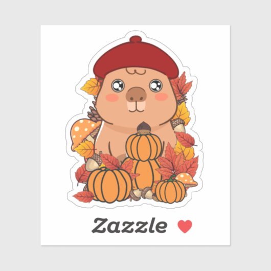 カワイイカピバラの秋の紅いベレー帽姿のかぼちゃ囲みイラスト シール (シート)