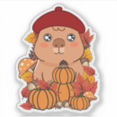 カワイイカピバラの秋の紅いベレー帽姿のかぼちゃ囲みイラスト シール (正面)