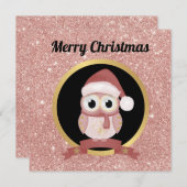 カワイイクリスマスフクロウピンクローズ金ゴールドグリッター  シーズンカード (正面/裏面)