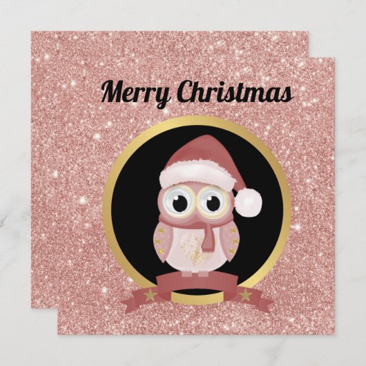 カワイイクリスマスフクロウピンクローズ金ゴールドグリッター  シーズンカード (正面/裏面)