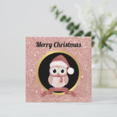 カワイイクリスマスフクロウピンクローズ金ゴールドグリッター  シーズンカード (スタンド正面)