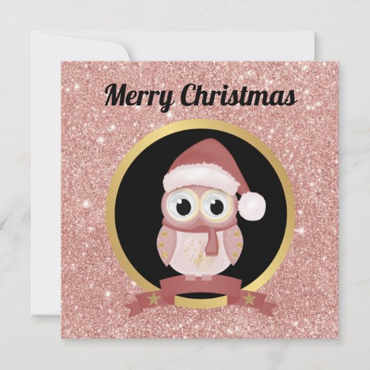 カワイイクリスマスフクロウピンクローズ金ゴールドグリッター シーズンカード (正面)