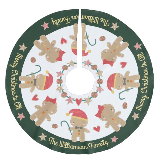 カワイイジンジャーブレッドマンホリ素朴ティカスタムグリーン ブラッシュドポリエステルツリースカート (正面)