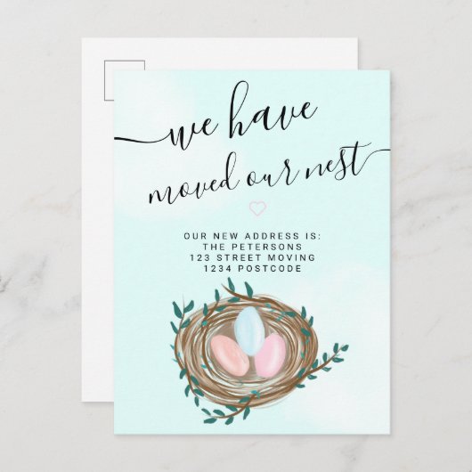 カワイイネストの水彩卵新しいホームブルーの動き 案内ポストカード (正面/裏面)