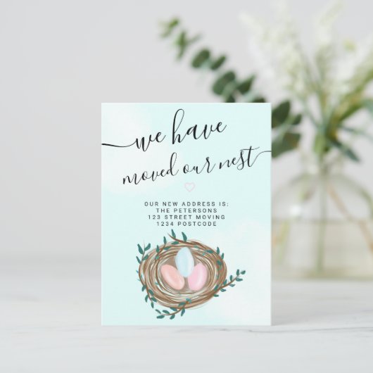 カワイイネストの水彩卵新しいホームブルーの動き 案内ポストカード (スタンド正面)