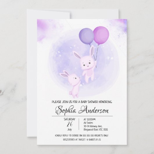 カワイイベビーうさぎと風船の少女の赤ちゃんシャワー 招待状 (正面)