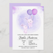 カワイイベビーうさぎと風船の少女の赤ちゃんシャワー 招待状 (正面/裏面)