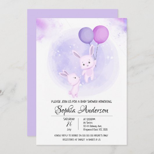 カワイイベビーうさぎと風船の少女の赤ちゃんシャワー 招待状 (正面/裏面)