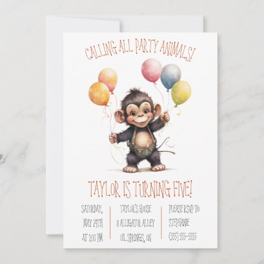 カワイイベビーサルとバルーン誕生日パーティー 招待状 (正面)