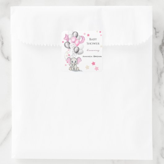 カワイイベビーゾウと風船ガールベイビーシャワー スクエアシール (バッグ)