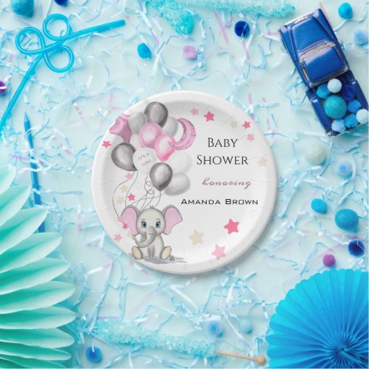 カワイイベビーゾウと風船ガールベイビーシャワー ペーパープレート (パーティー)