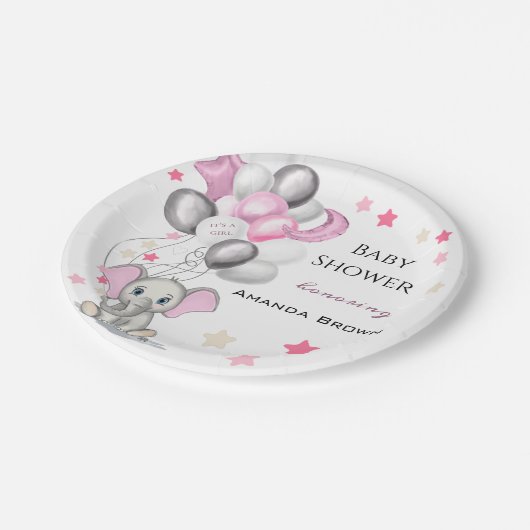 カワイイベビーゾウと風船ガールベイビーシャワー ペーパープレート (アングル)
