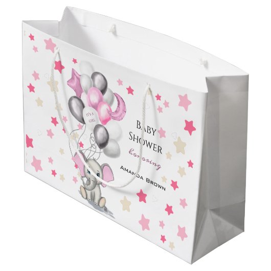 カワイイベビーゾウと風船ガールベイビーシャワー ラージペーパーバッグ (裏面アングル)