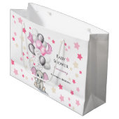 カワイイベビーゾウと風船ガールベイビーシャワー ラージペーパーバッグ (正面アングル)