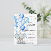 カワイイベビーゾウ風船男の赤ちゃんシャワー インビテーションポストカード (スタンド正面)