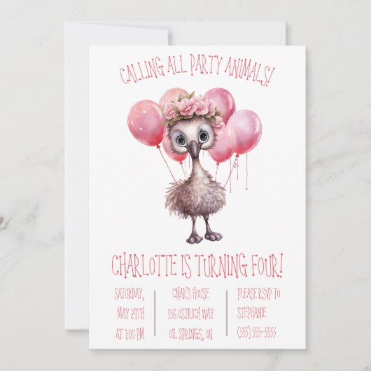 カワイイベビーダチョウと風船の誕生会 招待状 (正面)