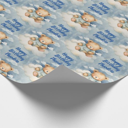 カワイイベビーベアパーソナライズされたボーイズ誕生日 ラッピングペーパー (角)