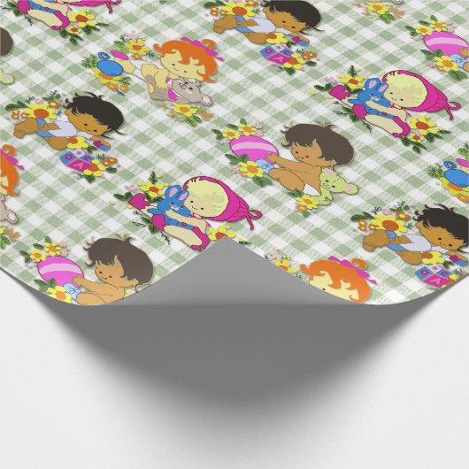 カワイイベビーレトロカラフルセージグリーンプレイド ラッピングペーパー (角)