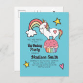 カワイイレインボー・ユニコーンスターズハート誕生パーティー インビテーションポストカード (正面/裏面)