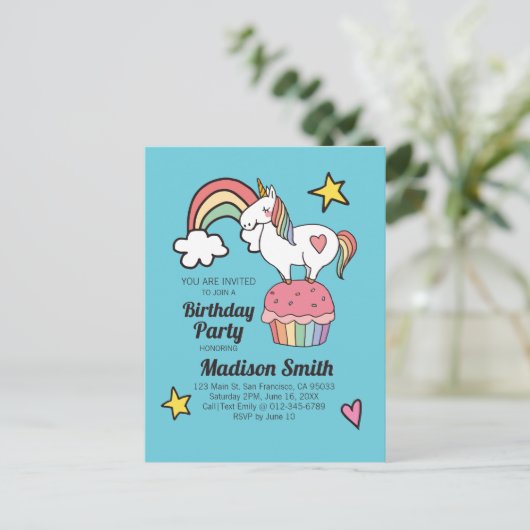 カワイイレインボー・ユニコーンスターズハート誕生パーティー インビテーションポストカード (スタンド正面)