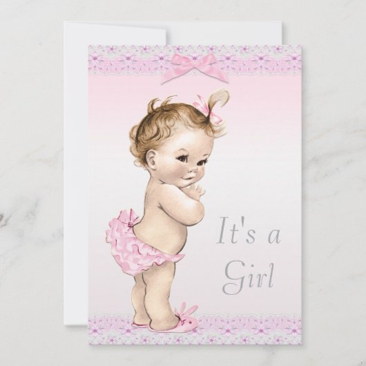 カワイイヴィンテージ・ベビーガール・フェイクシャワーレース、ボウズ 招待状 (正面)