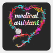 カワイイ医科助手カラフル聴診器ハート スクエアシール (正面)