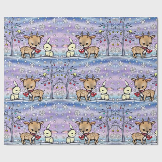 カワイイ図解入りの、写真付きのディアアンドバニーホリデーギフトラップ ラッピングペーパー (フラット)