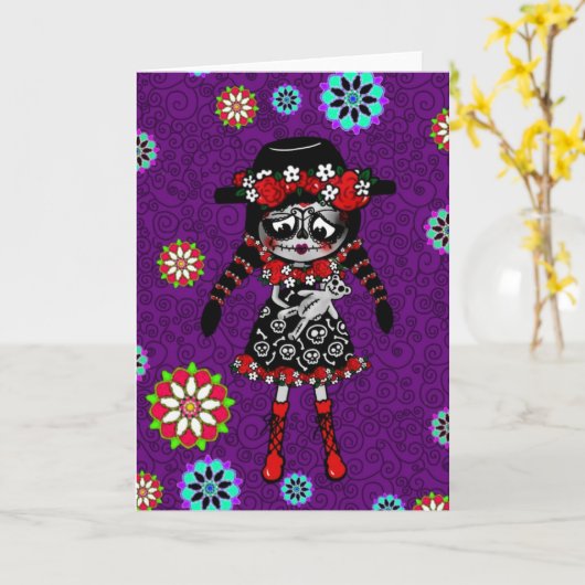 カワイイ女の子の死者の日パーソナライズ カード (黄色い花)