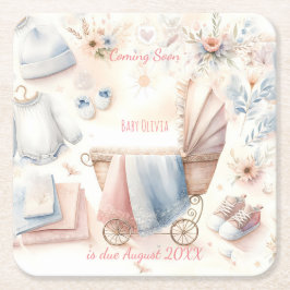 カワイイ来ズ近日発表招待状 スクエアペーパーコースター