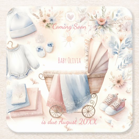 カワイイ来ズ近日発表招待状 スクエアペーパーコースター (正面)