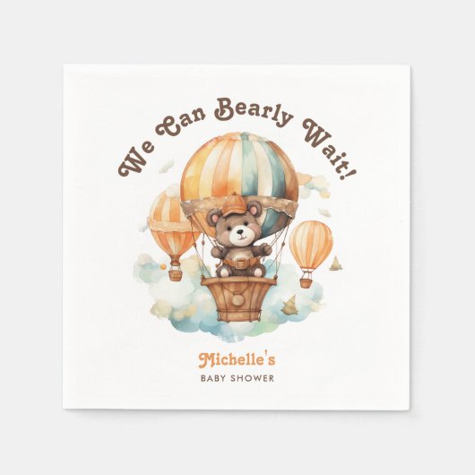 カワイイ水彩熊バルーン付きベビーシャワー スタンダードカクテルナプキン (正面)