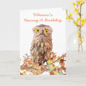 カワイイ水色フクロウが枝にカスタム乗る  カード (黄色い花)