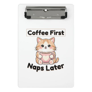 カワイイ猫のコーヒー好きデザイン | Coffee First Naps Later ミニクリップボード