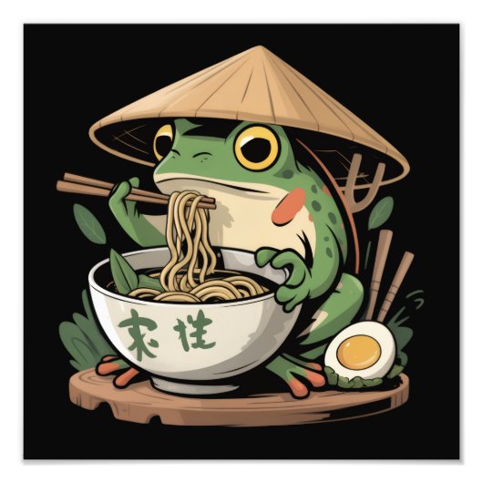 カワイイ猫のラーメンを食べるカエル 日本の麺類  フォトプリント            (正面)