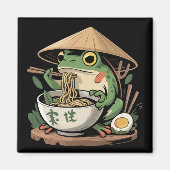 カワイイ猫のラーメンを食べるカエル 日本の麺類 マグネット (正面)